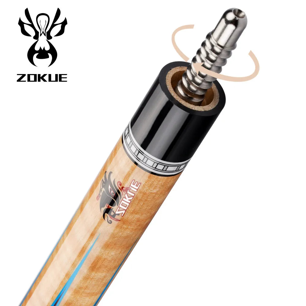 Zokue brand pool cue with wooden shaft and silver ferrule on a white background