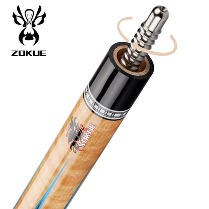 Zokue brand pool cue with wooden shaft and silver ferrule on a white background