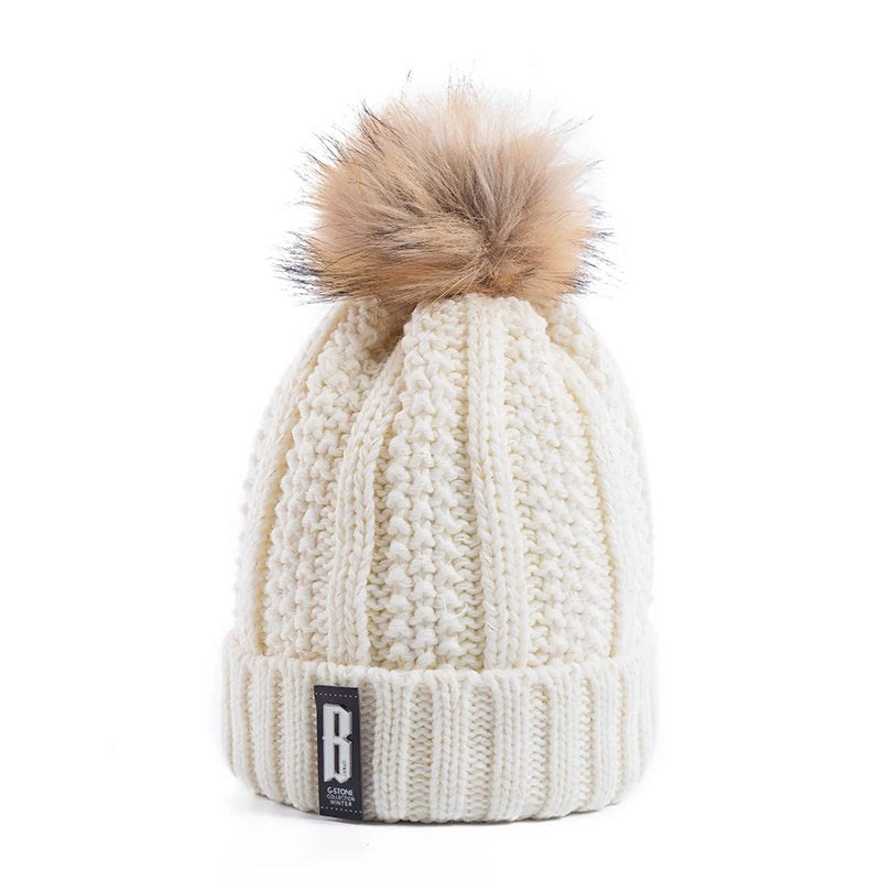 Neue Damenhüte, hohe Qualität, mit Pelz gefütterte Bommeln, Wintermütze, stylische Wollmützen für Damen, warme, dicke Streetwear-Strickmütze