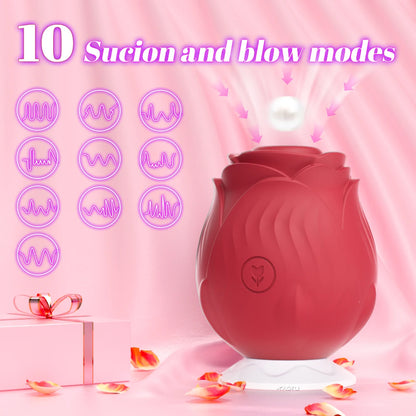 Pink rose-shaped device with suction and blow modes on a pink background