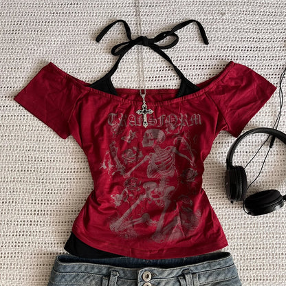 Millennium 2000er Y2K Crop Top Ästhetik Süßes und sexy Weste Damen ärmellose Freizeit Anime bedruckte Weste Harajuku rotes komplettes Outfit Em