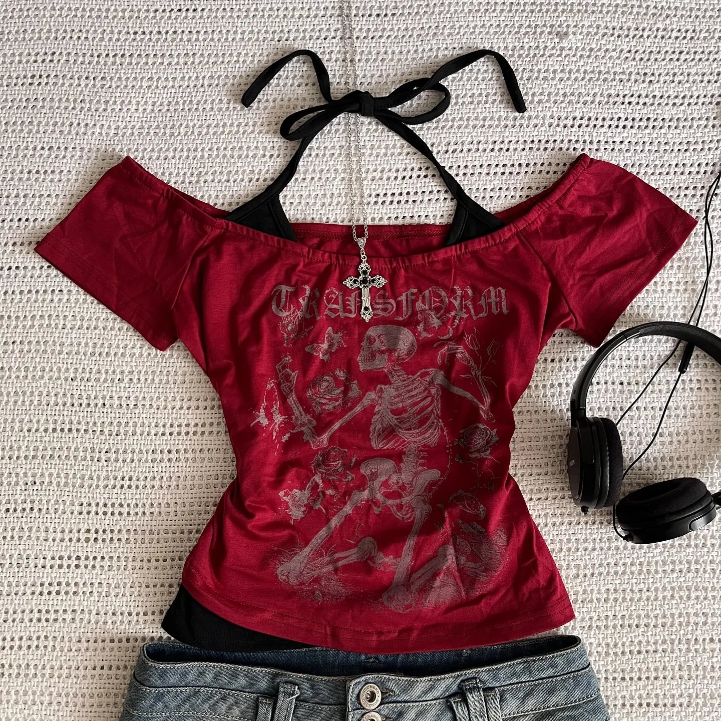Millennium 2000er Y2K Crop Top Ästhetik Süßes und sexy Weste Damen ärmellose Freizeit Anime bedruckte Weste Harajuku rotes komplettes Outfit Em