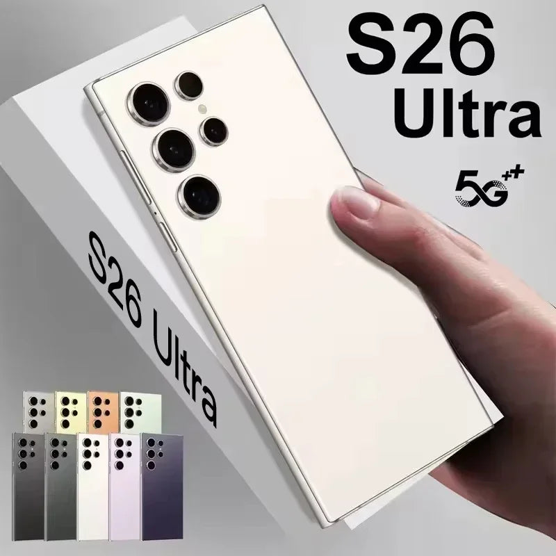 Smartphone S26 Ultra held by a hand with color options displayed below.