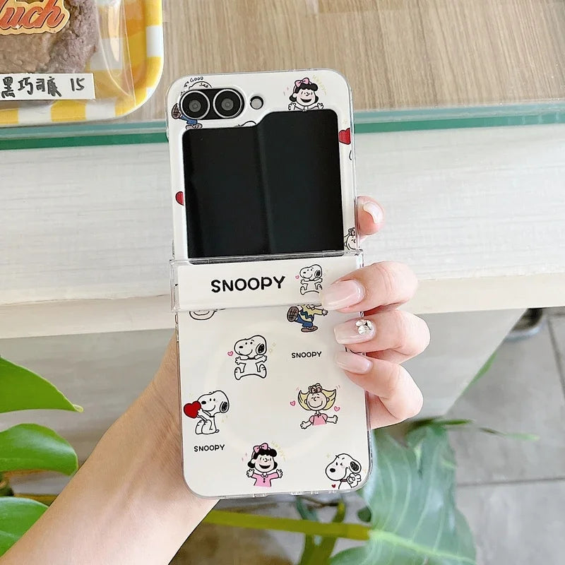 Cute Cartoon Snoopy Charlie Brown Magnetic Holder Wireless Charge Phone Case For Samsung Galaxy Z Flip 7 6 5 4 3 Hard TPU Cover