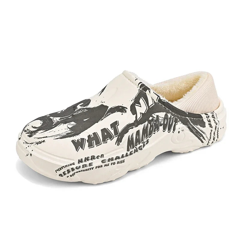 Winter-Fellpantoffeln für Herren, warme Indoor-Baumwollschuhe, wasserdichte Outdoor-Gartenschuhe, Slip-On Clogs, halbe Pantoletten/Sandalen