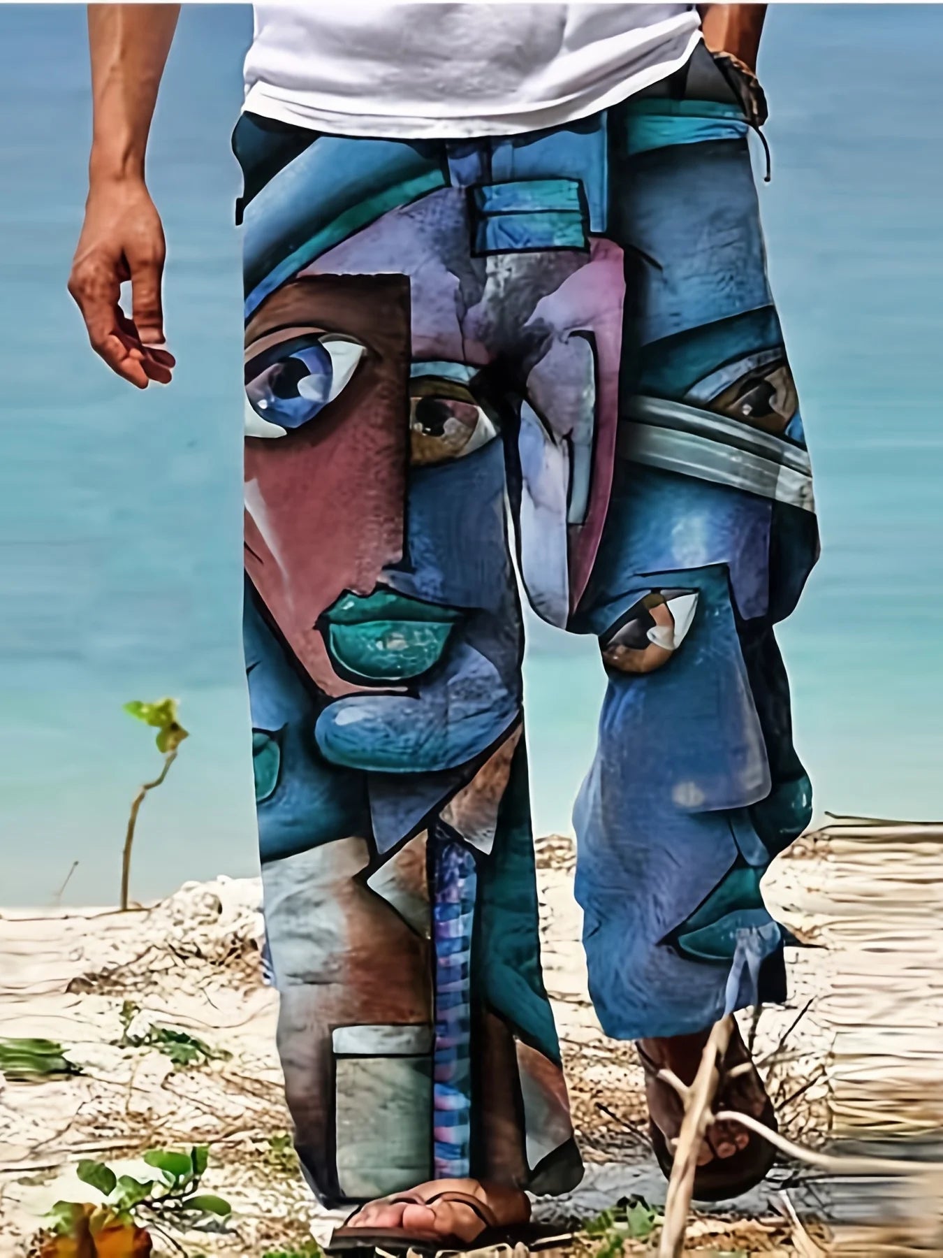 Men's Casual Linen Cotton trousers, Summer Ethnic Printed Beach pants, retro, mid-waist, zippered, Large Size Ropa Hombre