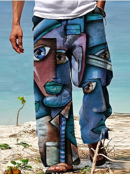 Men's Casual Linen Cotton trousers, Summer Ethnic Printed Beach pants, retro, mid-waist, zippered, Large Size Ropa Hombre