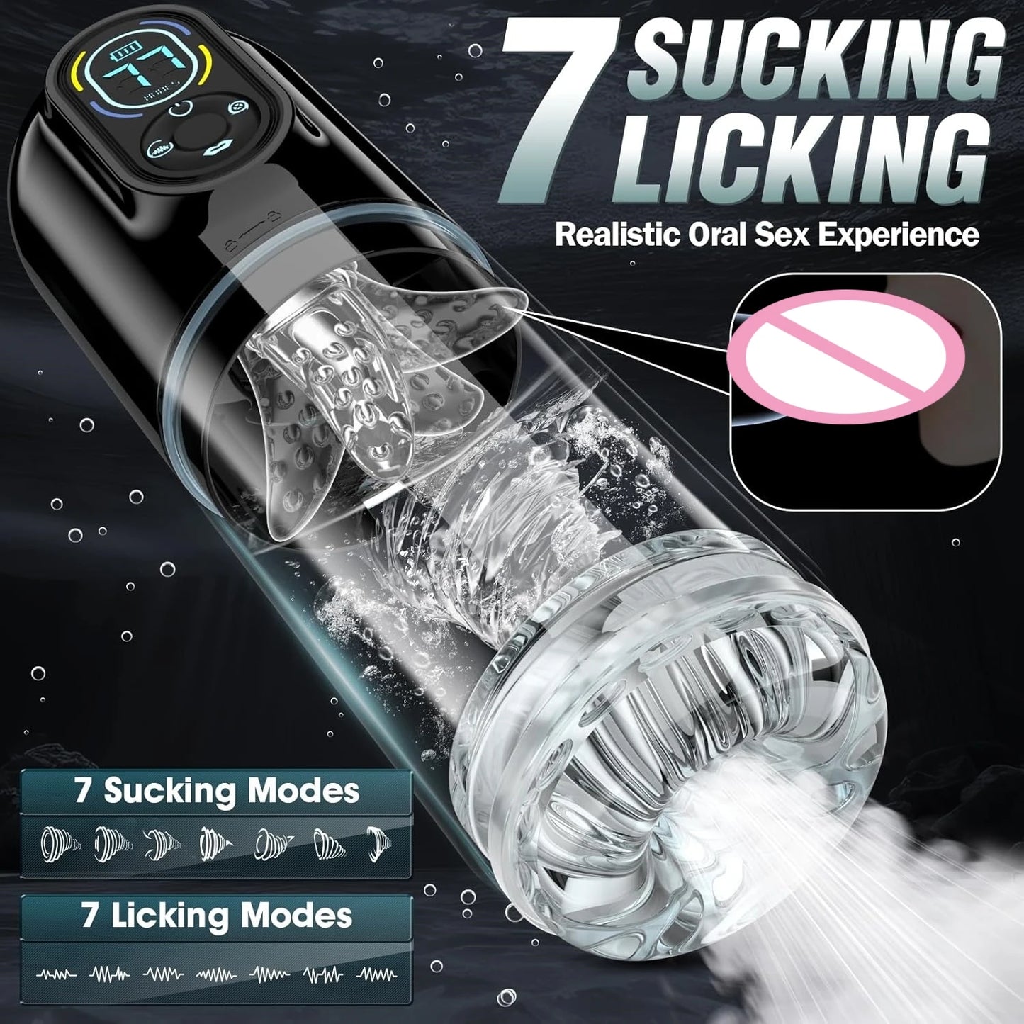 Sexual product with text '7 Sucking Licking' and 'Realistic Oral Sex Experience' on a dark background.