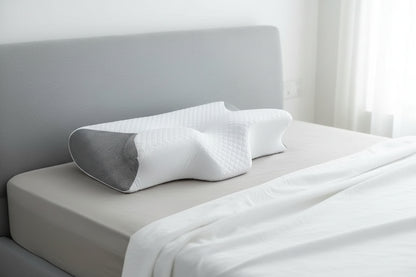 Ergonomic pillow with gray and white design, shown with people using it.