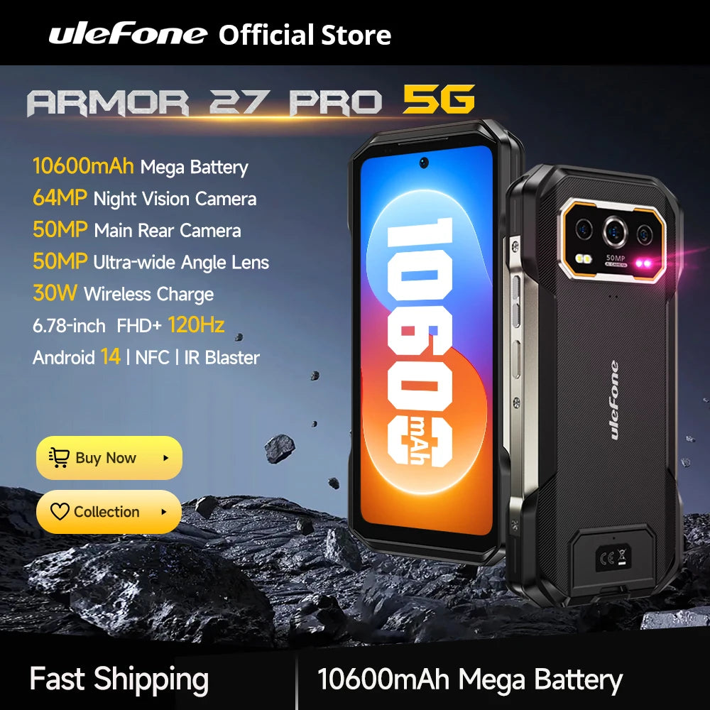 Advertisement for uleFone Armor 27 Pro 5G phone with specifications on a dark background