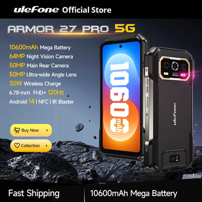 Advertisement for uleFone Armor 27 Pro 5G phone with specifications on a dark background