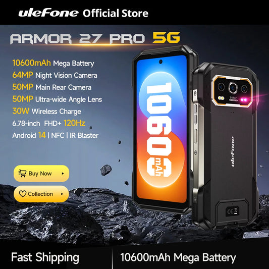 Advertisement for uleFone Armor 27 Pro 5G phone with specifications on a dark background