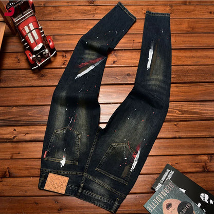 Men's Slim Straight Retro Patchwork Denim Jeans