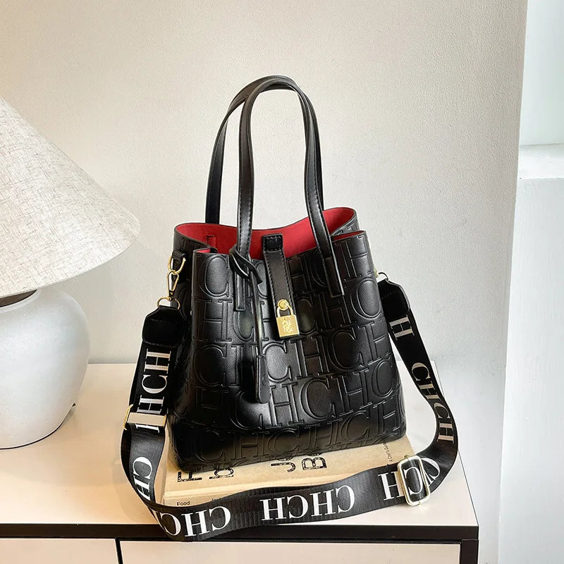 2025 New Large-capacity Bucket Bag, Winter Fashion Letter Printing Temperament Versatile Messenger Bag