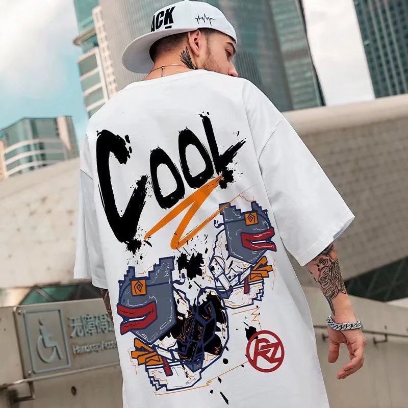 M-8XL Herren T-Shirt Oversized Mode Amerikanischer Monsterfisch Graffiti Buchstabe Cooler Druck T-Shirt Einfache Freizeit-Oberteile Partnerlook