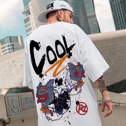 M-8XL Herren T-Shirt Oversized Mode Amerikanischer Monsterfisch Graffiti Buchstabe Cooler Druck T-Shirt Einfache Freizeit-Oberteile Partnerlook