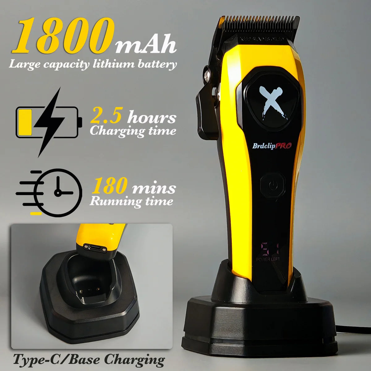 Yellow and black hair clipper with charging station on a gray background, featuring battery capacity and charging time information.