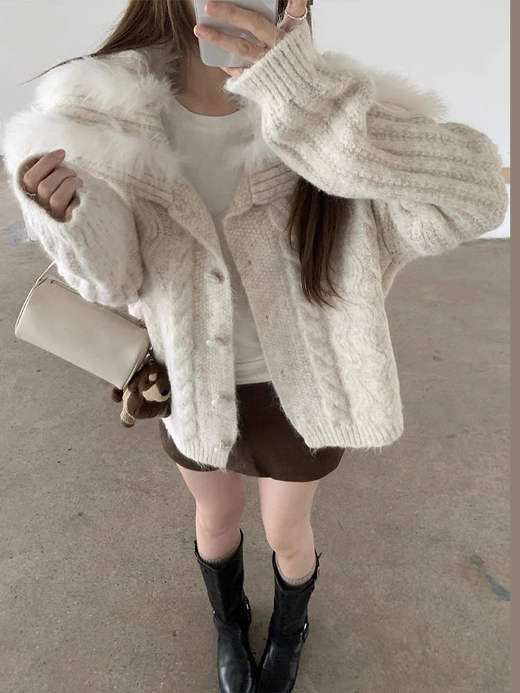 Women's Knit Cardigan With Faux Fur Collar Fashion Long Sleeve Single Breasted Sweater Coat Lady 2026 Spring Chic Streetwear