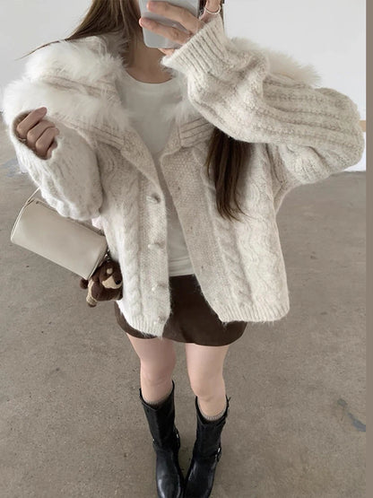 Women's Knit Cardigan With Faux Fur Collar Fashion Long Sleeve Single Breasted Sweater Coat Lady 2026 Spring Chic Streetwear