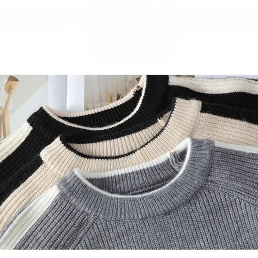 Men's Clothing Crew Neck Contrast Color Pullover Long Sleeve Sweater Knitted Casual Autumn Winter Screw Thread Vintage Tops