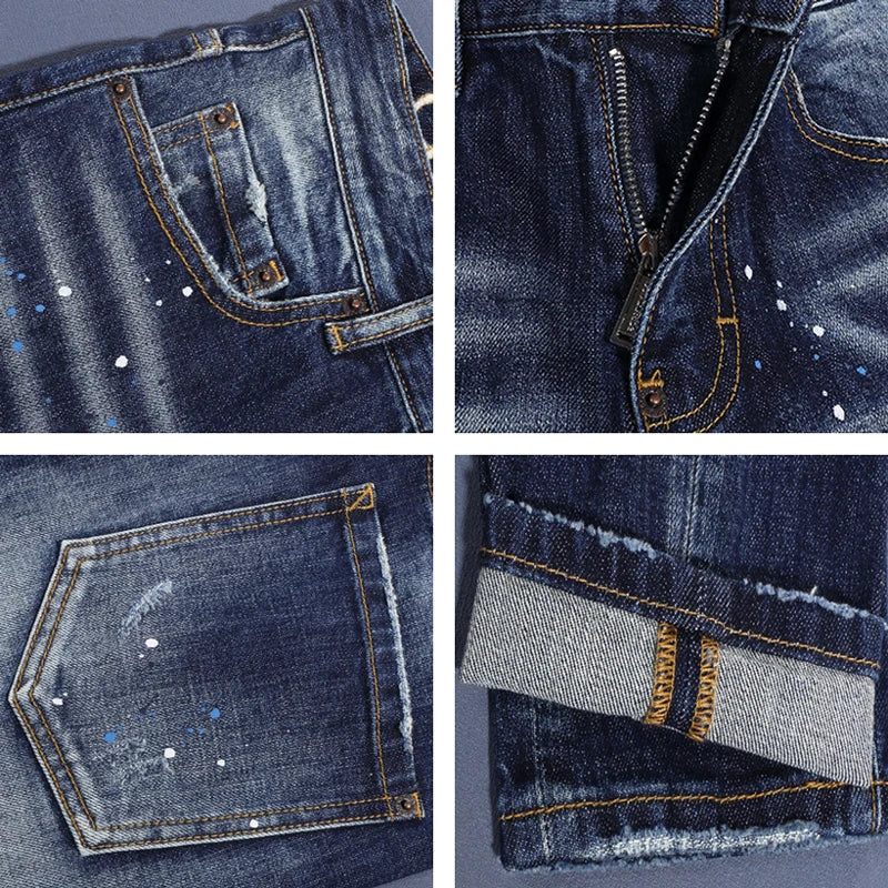 Scratch-Painted Slim Fit Stretch Men's Blue Jeans