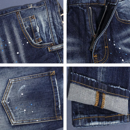 Scratch-Painted Slim Fit Stretch Men's Blue Jeans