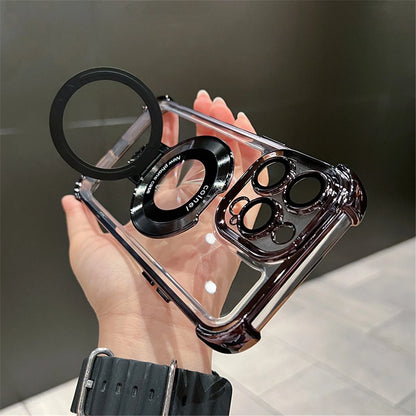 Clear phone case with black accents held by a hand on a neutral background