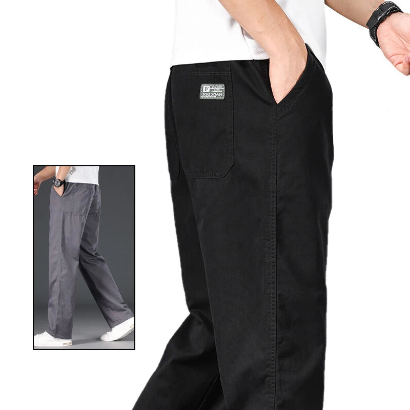 Black pants with a small inset showing a gray version of the same pants.