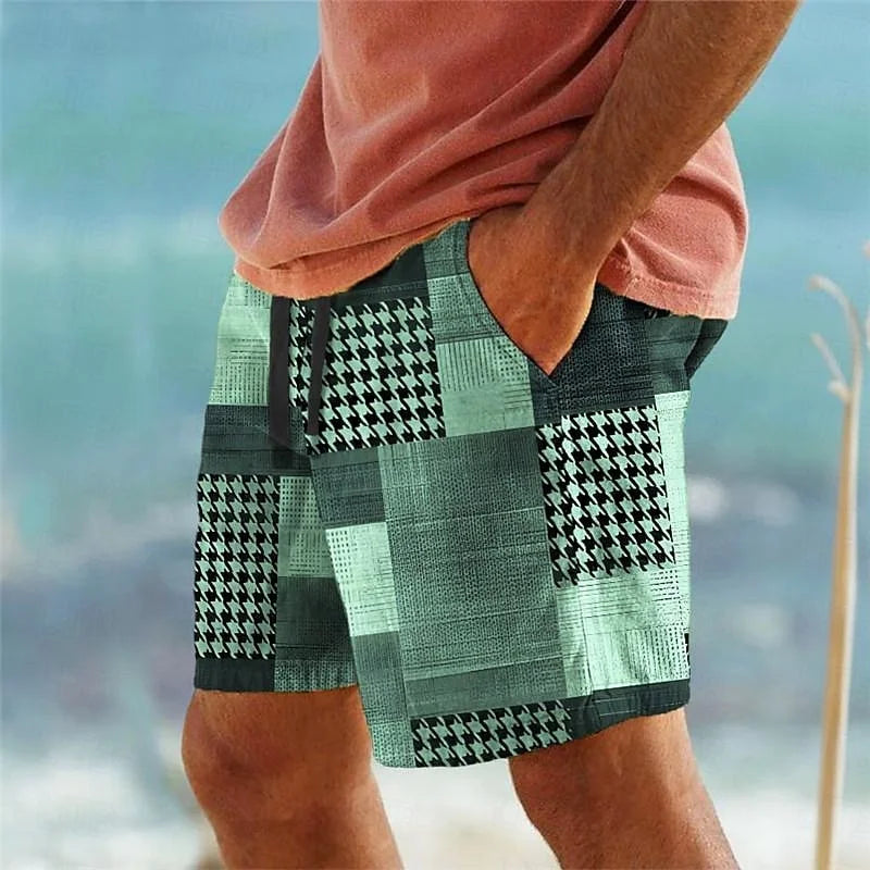 Geometric Men's Beach Shorts – Colorful Grid Print