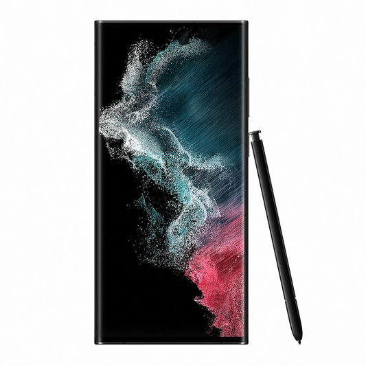 Smartphone with artistic design on screen and black stylus on white background