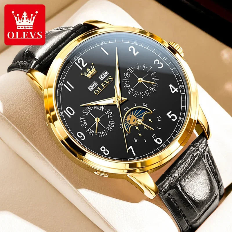 OLEVS Automatic Moon Phase Watch for Men — Leather, Waterproof, Luminous