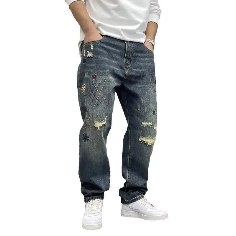 Four Seasons Neue Mode Herren American High Street Loch-Patched Loose Wide Leg Jeans Hose Vintage Washed Denim Hose Herren