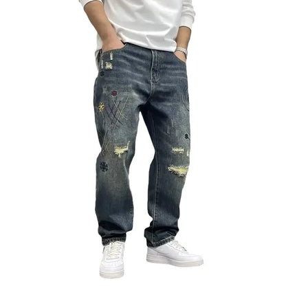 Four Seasons Neue Mode Herren American High Street Loch-Patched Loose Wide Leg Jeans Hose Vintage Washed Denim Hose Herren