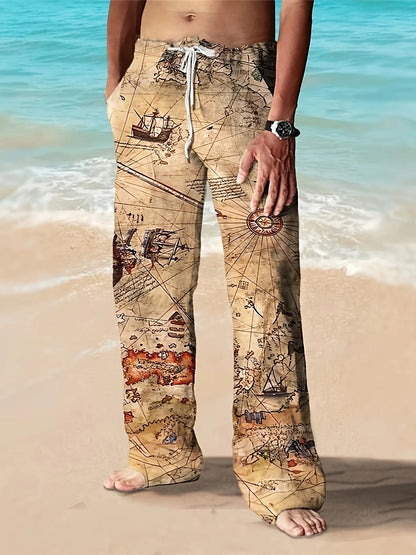 Men's Casual Linen Cotton trousers, Summer Ethnic Printed Beach pants, retro, mid-waist, zippered, Large Size Ropa Hombre
