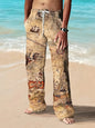 Men's Casual Linen Cotton trousers, Summer Ethnic Printed Beach pants, retro, mid-waist, zippered, Large Size Ropa Hombre