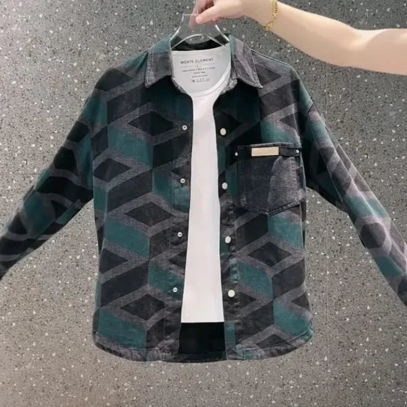 Trendige karierte Hemdjacke für Herren Modische und vielseitige lässige Revers Langarm-Oberteiljacke