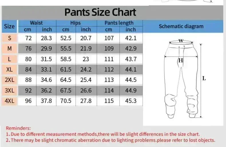 Pants size chart with measurements in centimeters and inches, including a schematic diagram of pants.
