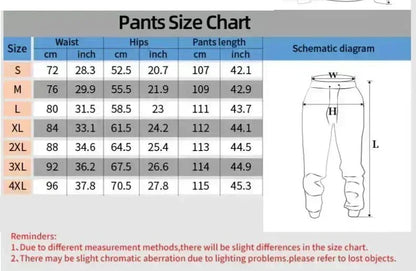 Pants size chart with measurements in centimeters and inches, including a schematic diagram of pants.