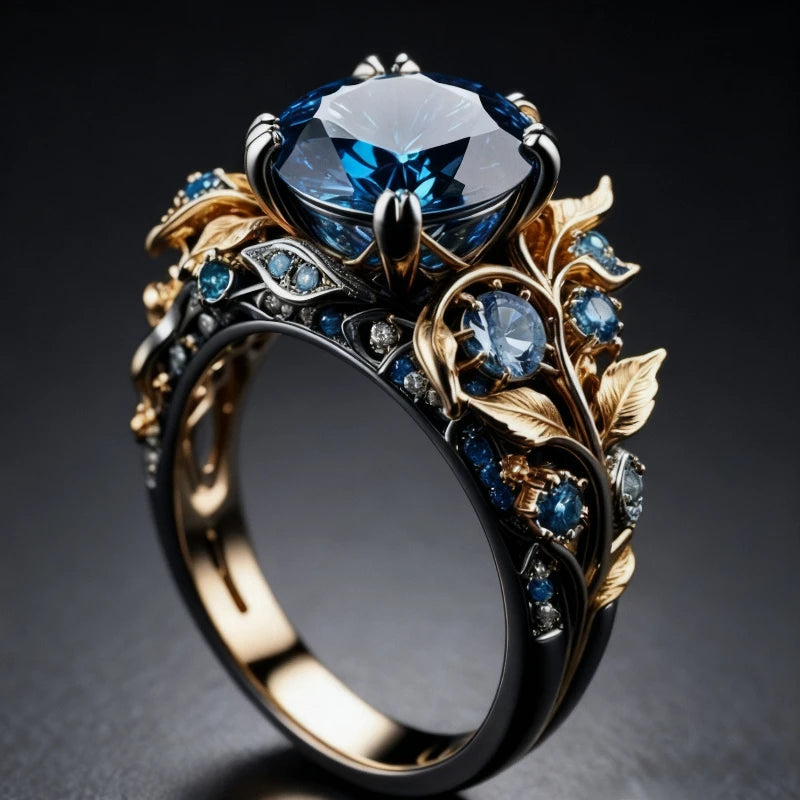 Retro and Trendy Blue Color Inlaid Zircon Leaf Women's Ring, Luxurious and Fashionable Banquet Party Accessories, Jewelry Gifts