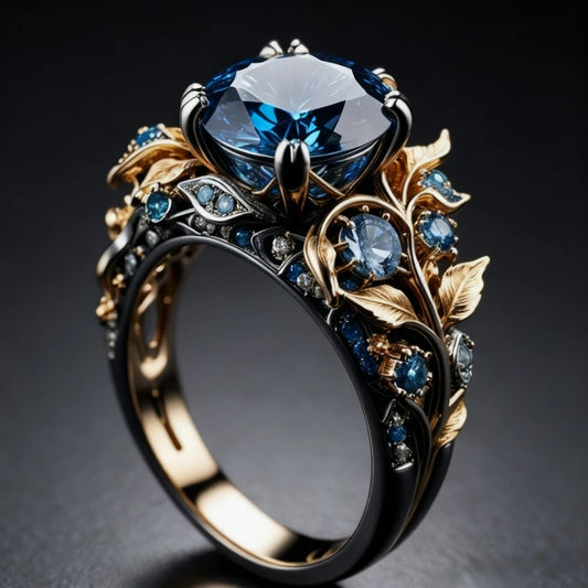 Elaborate ring with blue gemstones and gold accents on a dark background