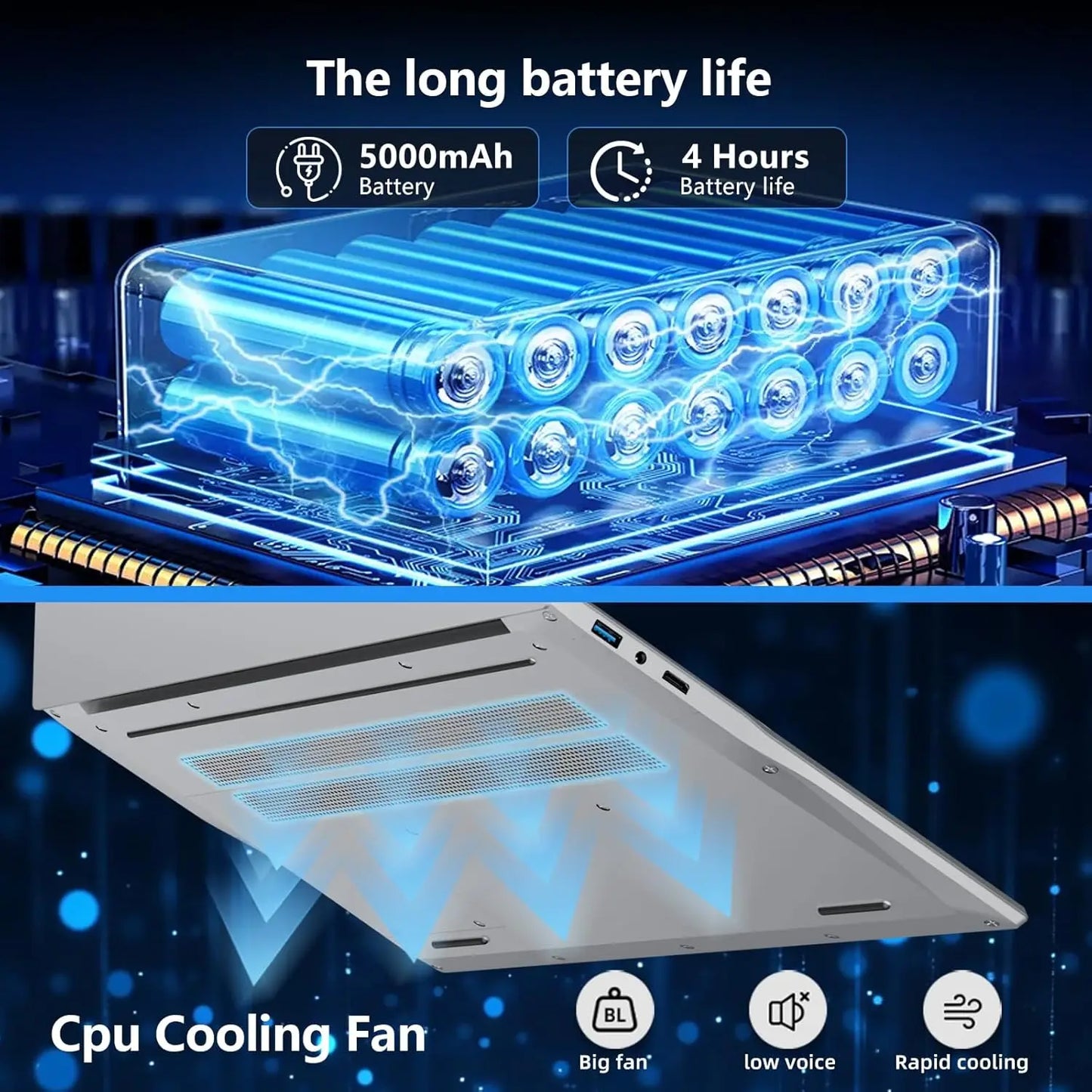 Laptop cooling pad with glowing blue components and text about battery life and cooling features.
