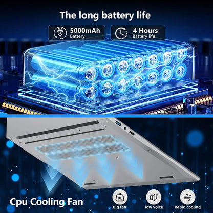 Laptop cooling pad with glowing blue components and text about battery life and cooling features.