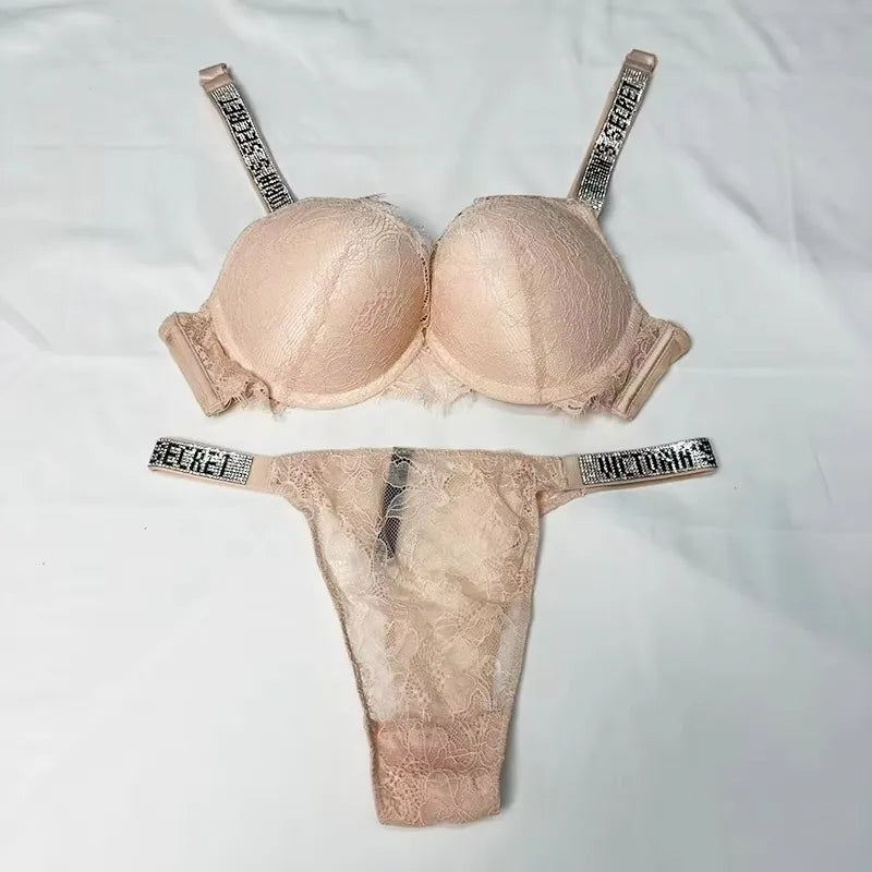Neue V Damen Sexy BH und Höschen Set Bequemer Push-up Shapewear Verstellbarer Gepolsterter geraffter Spitzen Dessous Set