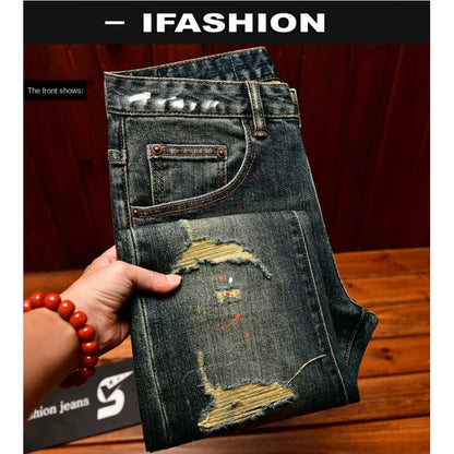 Men's Retro Patch Jeans – Paint Print Slim Denim