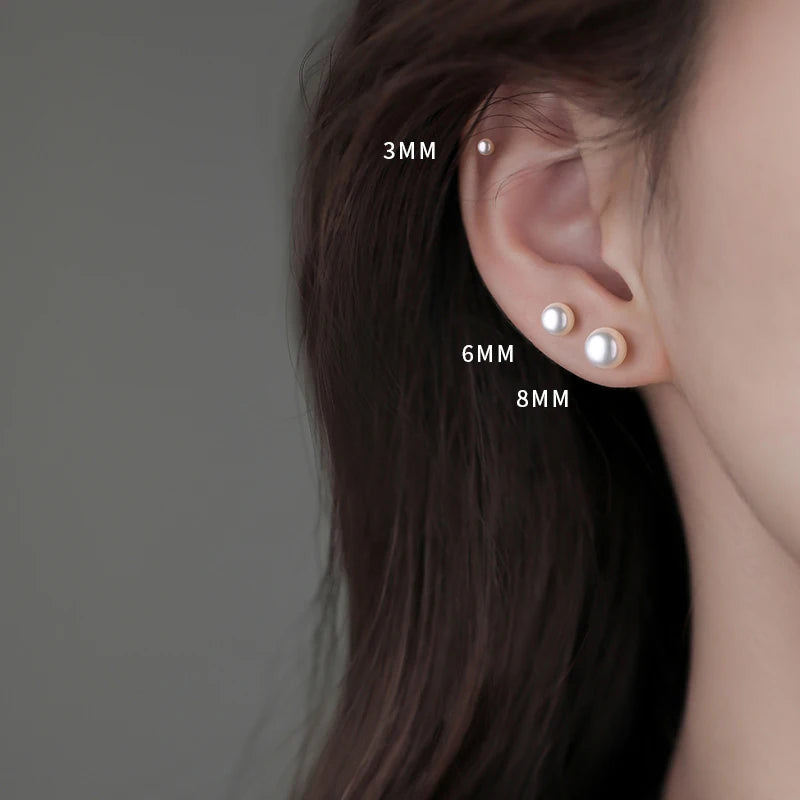 2pcs Simple Imitation Pearl Stud Earrings For Women Girls Stainless Steel Screw Back Pierced Studs Jewelry Gifts