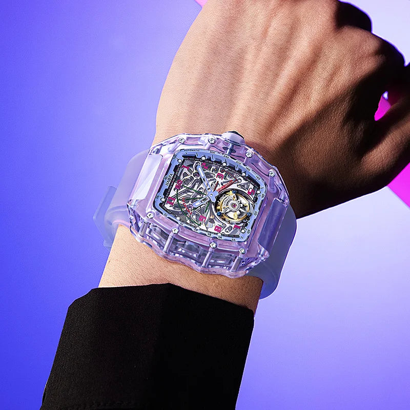 Haofa Tourbillon Crystal Transparent Hollowing Waterproof Luminous Automatic Mechanical Watches