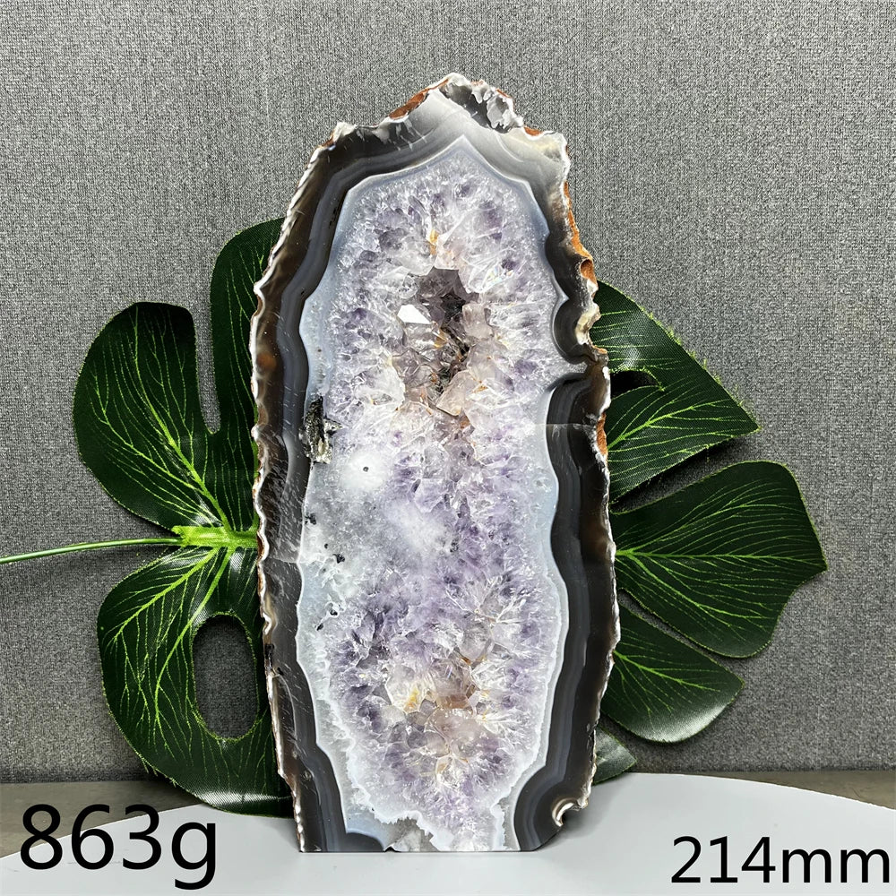 Geode slice with green leaves on a gray background