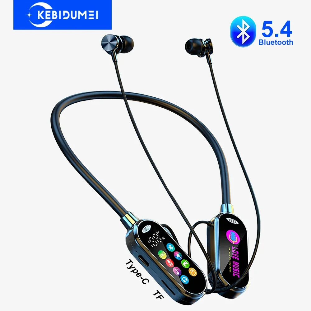 Bluetooth neckband headphones with KEBIDUMEI branding and Bluetooth 5.4 logo on a white background.