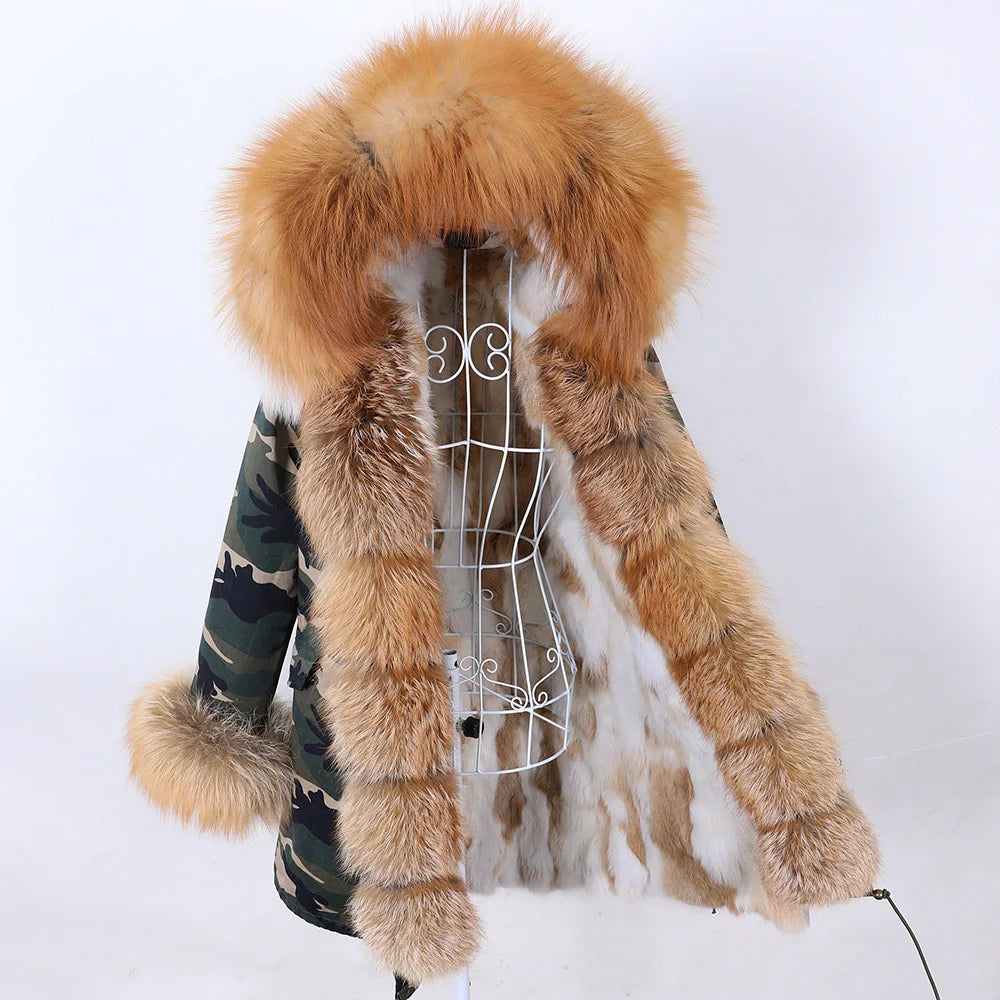 MAOMAOKONG 2023 Abnehmbarer Echtfuchs Pelzkragen Mäntel Damen Winterjacke Kapuze Kaninchenfellfutter Lange Parkas Damenbekleidung