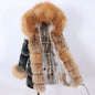 MAOMAOKONG 2023 Abnehmbarer Echtfuchs Pelzkragen Mäntel Damen Winterjacke Kapuze Kaninchenfellfutter Lange Parkas Damenbekleidung